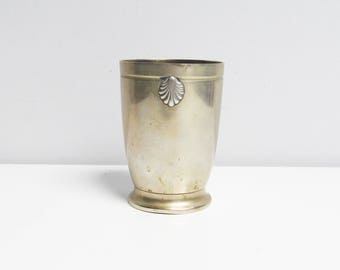 Vintage French Silver Plated Beaker Silver Plate Cup baptism metal tumbler shell design Metal Blanc timbale of birth height 3.5 in / 9 cm