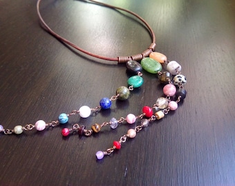 Colorful necklace Leather choker necklace Stone fringe necklace Stone necklace Colorful boho necklace Bohemian jewelry Boho chic jewelry