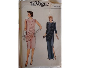 UNCUT 80's Vogue #9047 Evening Cocktail Dress with Grecian Styling Knee and Full Maxi Length Sewing Pattern 3 Sizes UK 8 10 12