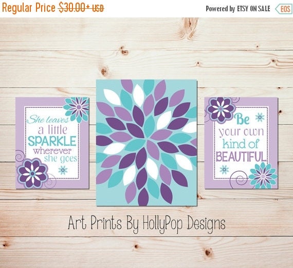 Baby girl nursery art Purple aqua wall art prints She leaves a
