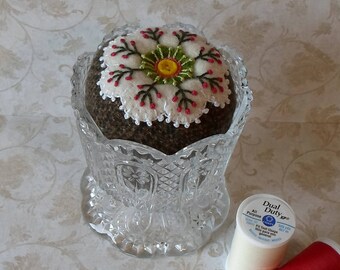 Handmade Felted Wool White Floral Brown Pincushion in a Pressed Glass Dish
