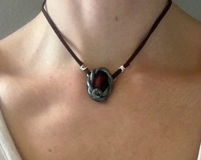 Red Tiger Eye Hand Sculpted Pendant on Brown Choker, Spiritual Crystal Necklace, Power, Success, and Courage Energy Vibes