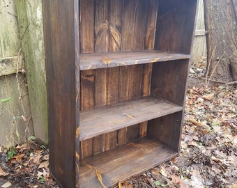 Rustic Reclaimed Wood Primitive Book Shelf Bookcase Shelving W/Decorative Back By Unique Primtiques Dark Walnut Stain Custom Sizes & Sizes