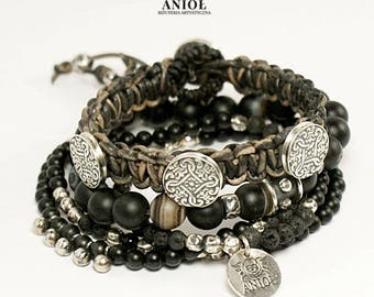BOHO CHIC - Etno - Tribal Jewelry, 100% Sterling Silver Bracelet - Set of the 3 Bracelets - Natural Leather Bracelet