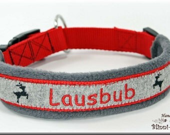 Dog collar in bavarian style, gray-red, embroidered with "LAUSBUB".