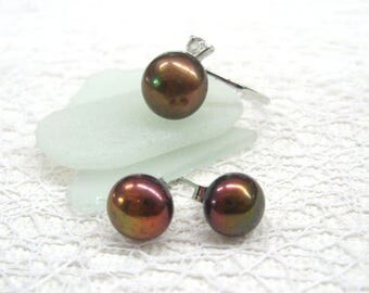 Brown pearl ring earrings set Girlfriend jewelry gift for her boho chic Vintage jewelry solitaire rings pearl ring pearl studs post earrings