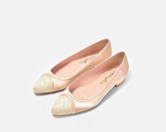 Vanda Pointy Toe Flats, Low Heel Wedding Shoes, Lace Wedding Shoes, Lace Peep Toe Pumps, Lace Bridal Flats, Lace Evening Heels