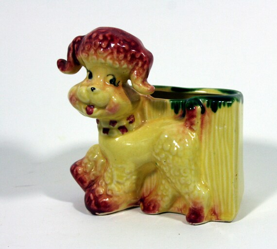 Perky poodle planter-pink and yellow vintage dog planter-age worn and adorable Il_570xn