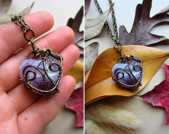 Double-sided wire wrapped necklace "Born To Wander" with puffy chevron amethyst heart. Custom chain length.