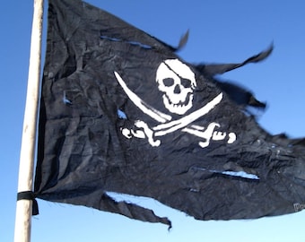 SALE -10% Pirate Flag Nautical Art,Jolly Roger, Battle-Worn, hand painted, black cotton, skull and sabers. Gift for sailor!