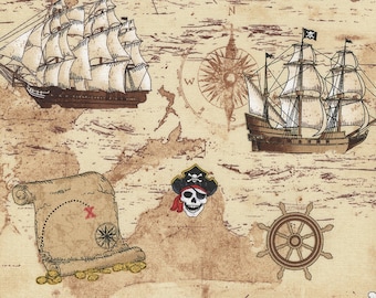 Timeless treasures pirate map 0,5 m pure Cotton Pirate Cove