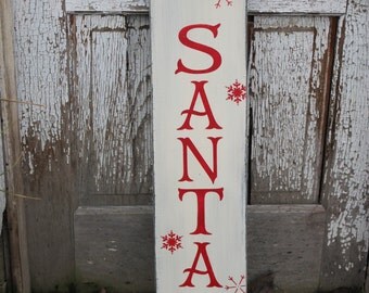 Christmas Sign, Santa Stops here, wood sign, rustic wood, red, white, with santa and reindeer, front door decor