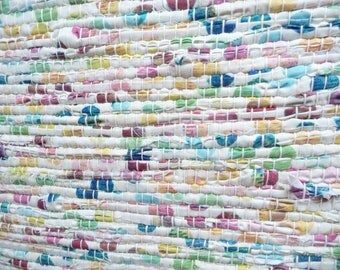 Loom Woven Rag Rug 25 x 45" with 3" Fringe Rectangular Handmade Handwoven Cotton Rug Shades of White with Blue Green Yellow Pink