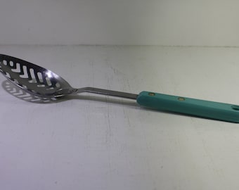 Scarce Mid Century Ekco Forge Stainless Steel USA Turquoise Handle Slotted Spoon - ca 1950's