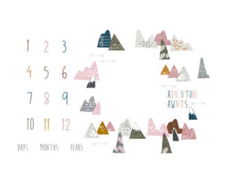 Adventure Awaits Baby Girl Milestone Blanket, Max Mountains Monthly Milestone Blanket, Newborn Photo Prop, Baby Girl Milestone Blanket