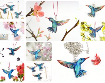 hummingbird jewelry, bird necklace, hummingbird necklace, blue multi-colored, bird jewelry, one of a kind, hummingbird Vogue, birder gift