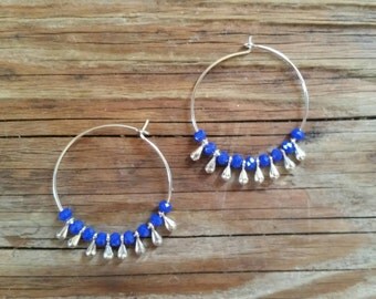 Cobalt blue Czech glass beads with silver drops hoop earrings