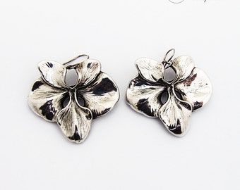 Large Figural Orchid Flower Dangle Earrings Sterling Silver
