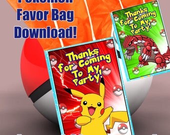 Pokemon Favor Bag, Pokemon Downloads, Pokemon Party Favors,Thank You Cards, Pokemon decorations,Favor Bag Printables,Favor Download