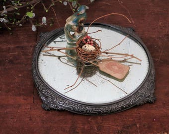 Beveled Mirrored Plateau, Round Mirrored Vanity Tray, Perfume Tray, Victorian Plateau