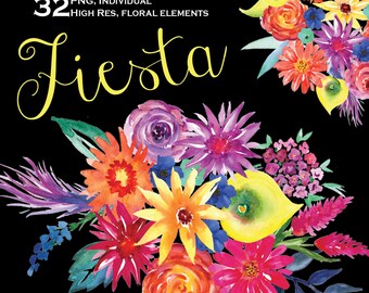 32 Fiesta Watercolor Flowers Clipart, Mexican flowers clipart, wedding clip art, digital clipart, hand painted flowers