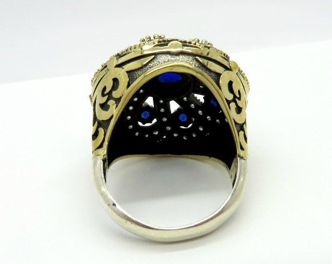 Vintage Sapphire Topaz Cocktail Ring, Two Tone Sterling Silver Statement Ring, Size 9