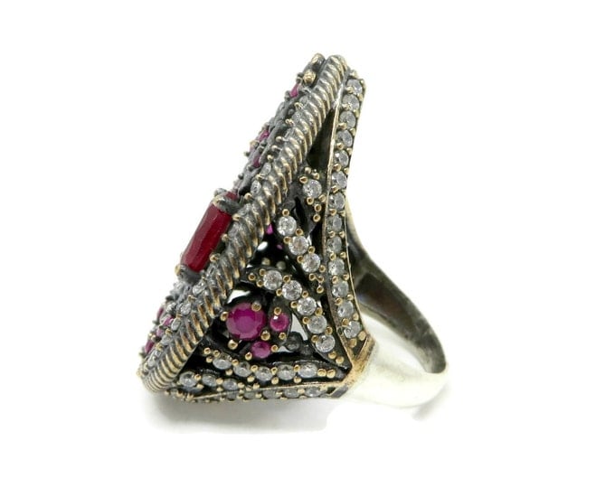 Vintage Ruby and Topaz Sterling Silver Ring, Pear Shaped Statement Ring, Size 8