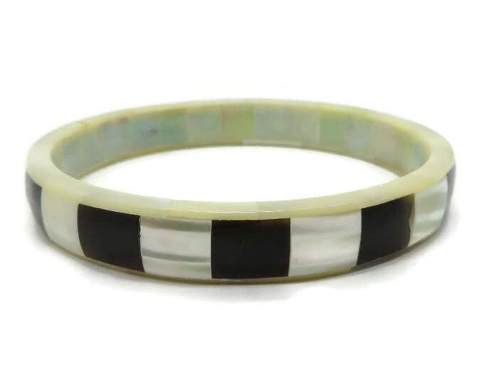 Black and White MOP Inlay Bangle, Vintage 1970s Bracelet