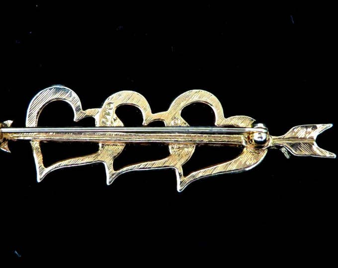 Rhinestone Hearts Brooch, Vintage Pin, Signed Avon Hearts Brooch, Triple Heart and Arrow Rhinestone Studded Pin, Gift for Her