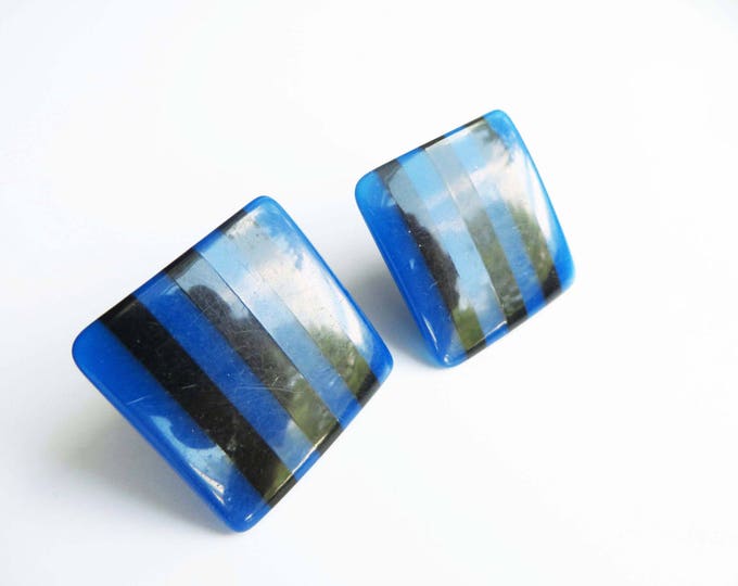 Lucite Striped Pierced Earrings Vintage Square MOD Black & Blue Studs, Retro Jewelry Gift Idea