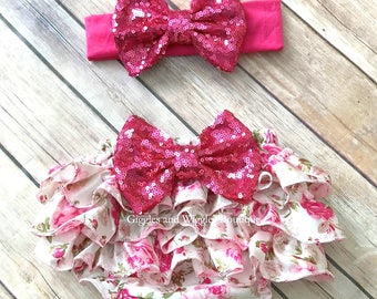 Baby bloomer set, pink rose baby bloomer, diaper cover, infant girl outfit, 1st birthday, pink bow, pink bloomer, baby girl headband