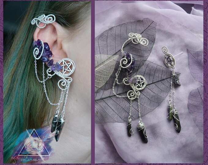 Ear cuff "Magic" | Ear cuff no piercing need, wire wrap ear cuff, pentagram, quartz crystals ear cuffs