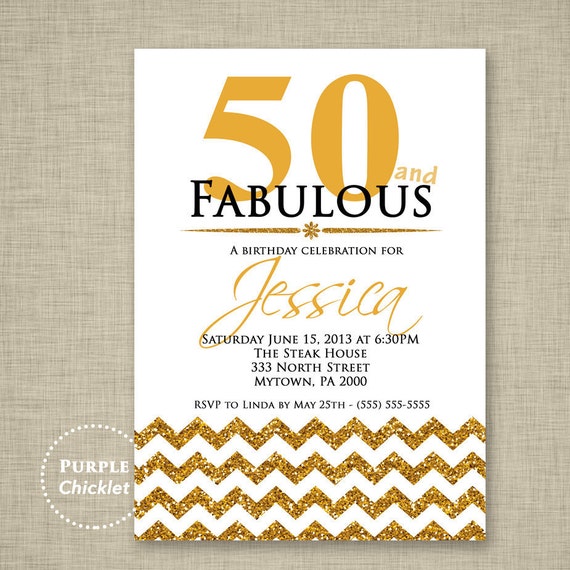50th Birthday Invitation Fifty and Fabulous Invite Gold