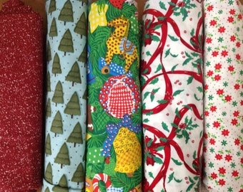 Christmas fabric destash bundle, 6 yds total, sale 5 cotton prints, holiday apparel, decor, quilt, craft cloth, vintage out of print 1980-90