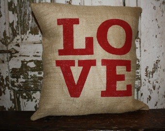 Love Valentine Pillow Cover, Valentine Throw Pillow, 16x16 Burlap or Canvas
