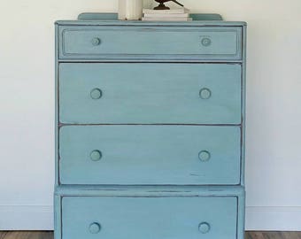 SOLD EXAMPLE.............Annie Sloan Chalk Painted Chest Of Drawers/ Bedroom Dresser Furniture/Seaglass blue beach look/nursery