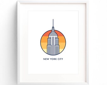 New York City - Empire State Building Sunset - NYC Building Illustration - New York Skyline - Gift - Poster Print - Wall Art Decor - 8x10