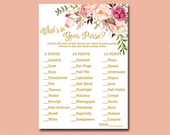 What's in Your Purse Floral Baby Shower game, Printable, Peach, pink, gold Boho Baby Shower Activity Bohemian DIY Instant Download 029