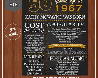 ON SALE - 50th Birthday Chalkboard - 50th Birthday Poster - Adult Birthday Signs - 50th Birthday Decor - Fun Facts - 1967 - Born in 67 - 50