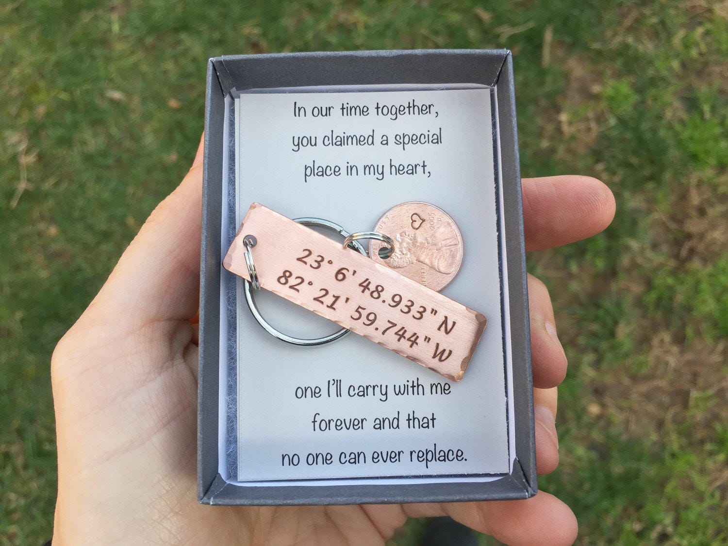 Girlfriend Gift - Coordinate Keychain with Lucky Penny - Anniversary Gift, Coordinate Keychain, personalized penny, Lucky Us Keychain