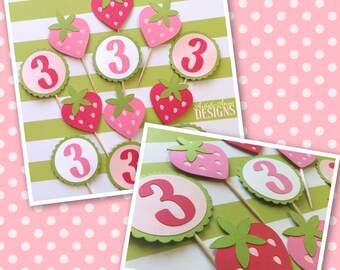 Strawberry Shortcake Birthday Cupcake Toppers Set of 12 – Strawberry Birthday Party - Birthday Age - Pink Red Lime Green