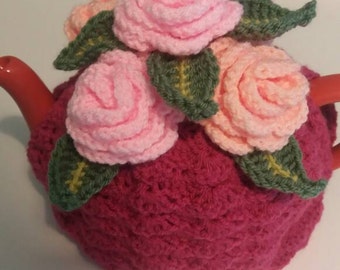 Tea cosy cozy teapot cosy, teapot cover, flower cosy, roses crochet crocheted custom gift floral