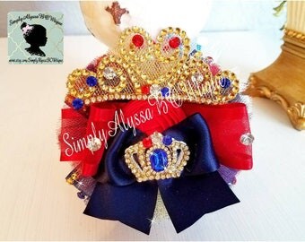 New! 5"width 5" length Red/White/ Navy blue with gold Pageant Organza hair bow with silver diamond mesh