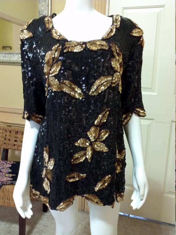 Vintage Black Sequins and Gold Beaded Evening Blouse/ Wedding