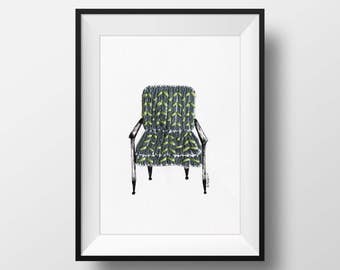 Mid-century modern armchair pen and Ink drawing with hand stitching embroidery by Britt Fabello on handmade and hand torn paper