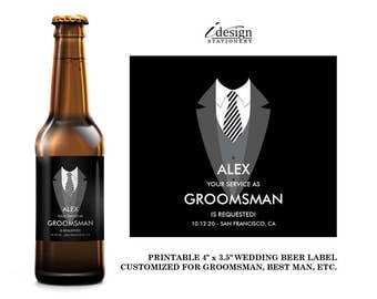 Groomsmen Beer Bottle Labels | Diy Printable Tuxedo Will You Be My Groomsman, Best Man, Ring Bearer, Usher Beer Label Invitation