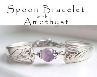 Spoon Bracelet, Vintage Silverware Jewelry with Amethyst Stone, Flatware Bracelet Banded Amethyst Jewelry Bridesmaid Jewelry, Gifts Under 40
