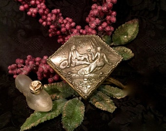 Antique box jewelry trinket casket footed box victorian embossed scene floral motif