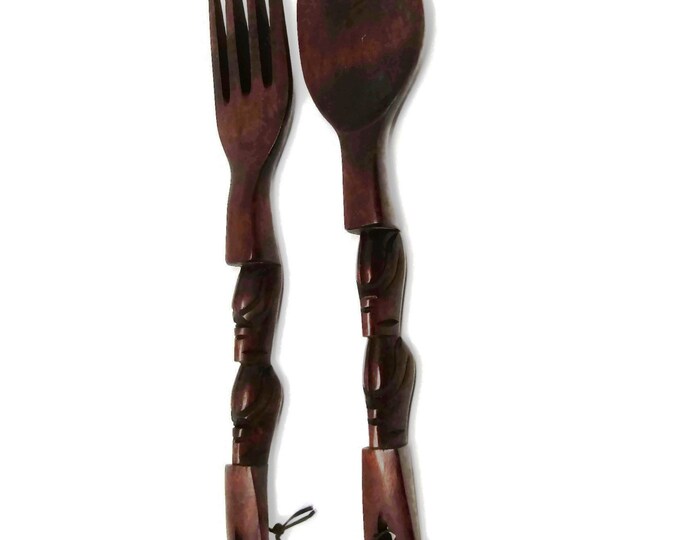 Vintage Wooden Fork and Spoon Wall Hanging Carved Mahogany - Wood Totem Home Decor Large Oversized Wood Art Boho Style Trends
