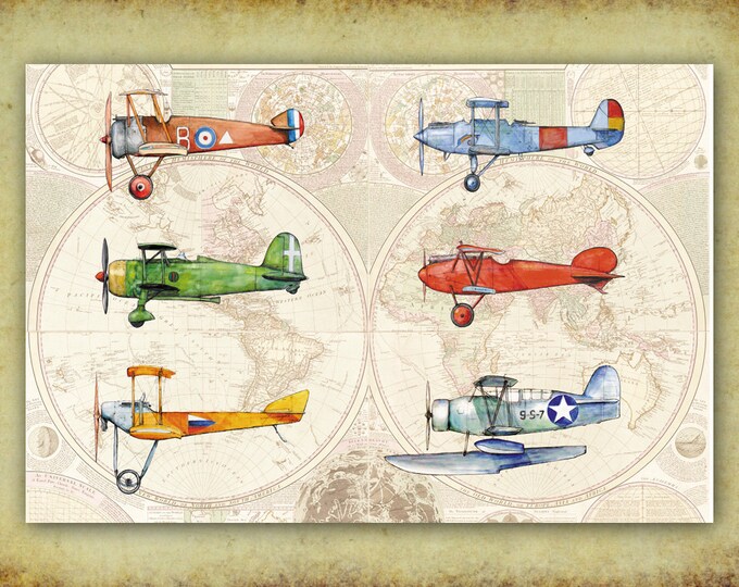 Airplanes on Worlds map decor Military plane large print Vintage airplane painting Old Worlds map decor Aircraft art Boys nursery wall art